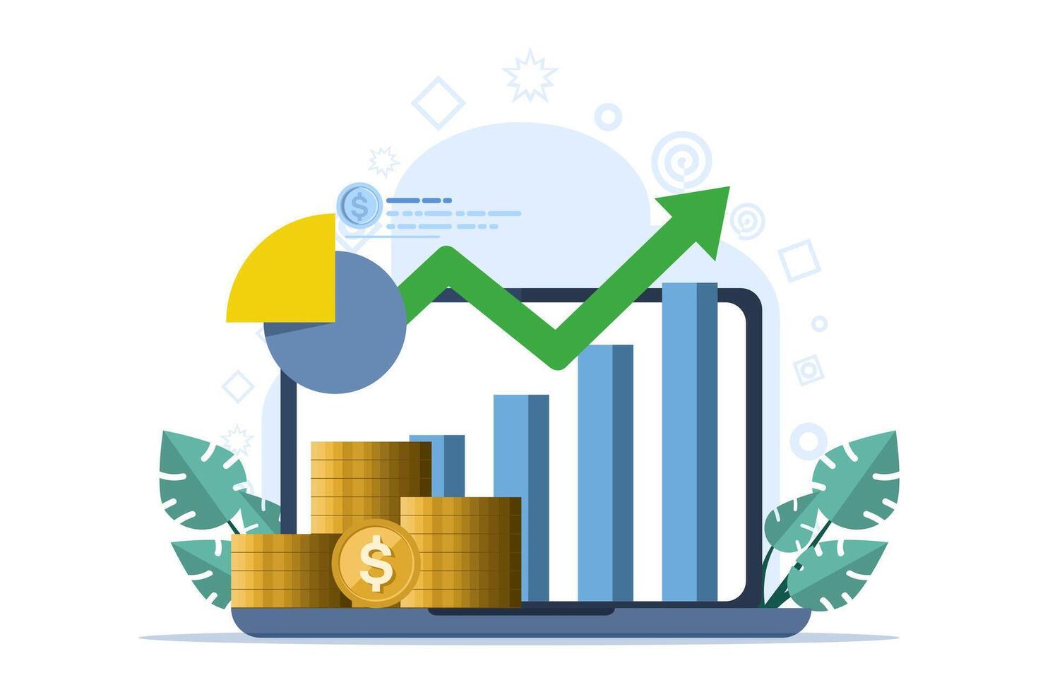 concept of financial analysis, business meetings and targets, management, accounting, company, business team analyzing company finances. vector flat illustration on white background.