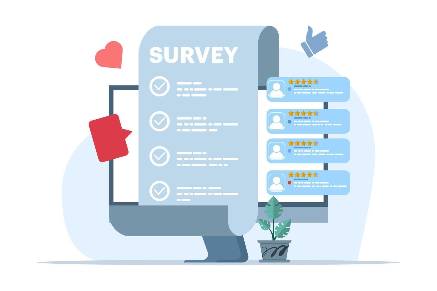 online survey concept, Customer Survey Form Filling Test, customer experience and satisfaction, customer feedback. for landing page, banner, app, web, UI ux. Flat illustration vector template.