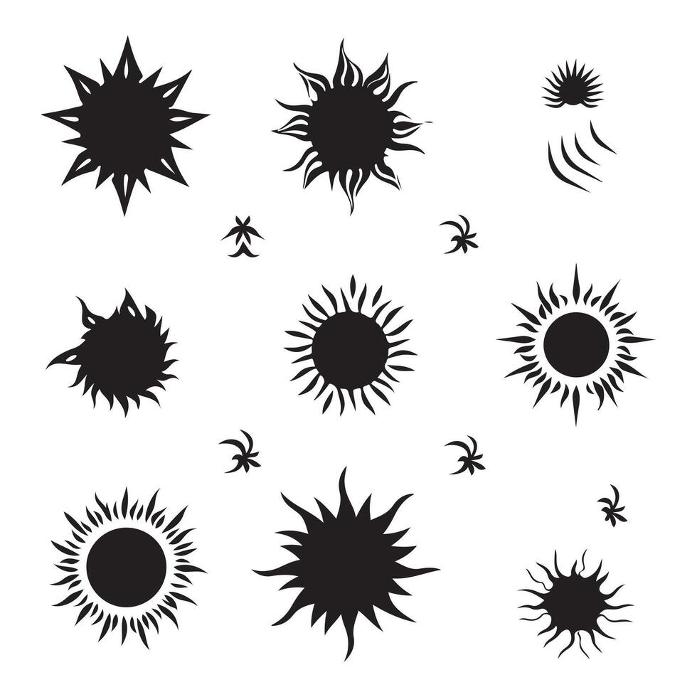 A black silhouette sun symbol set vector