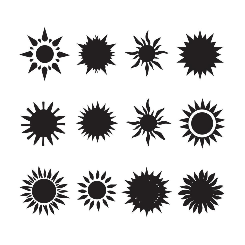 A black silhouette sun symbol set vector