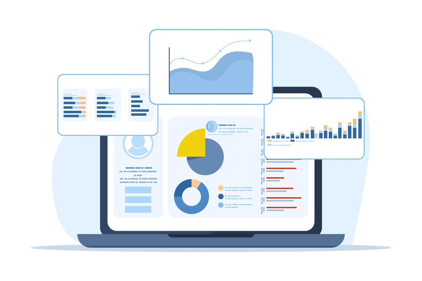 Concept of marketing analysis, market research, data charts, graphs and dashboards on laptop screen, SEO marketing advertising analysis, business analysis, financial reports and research. vector