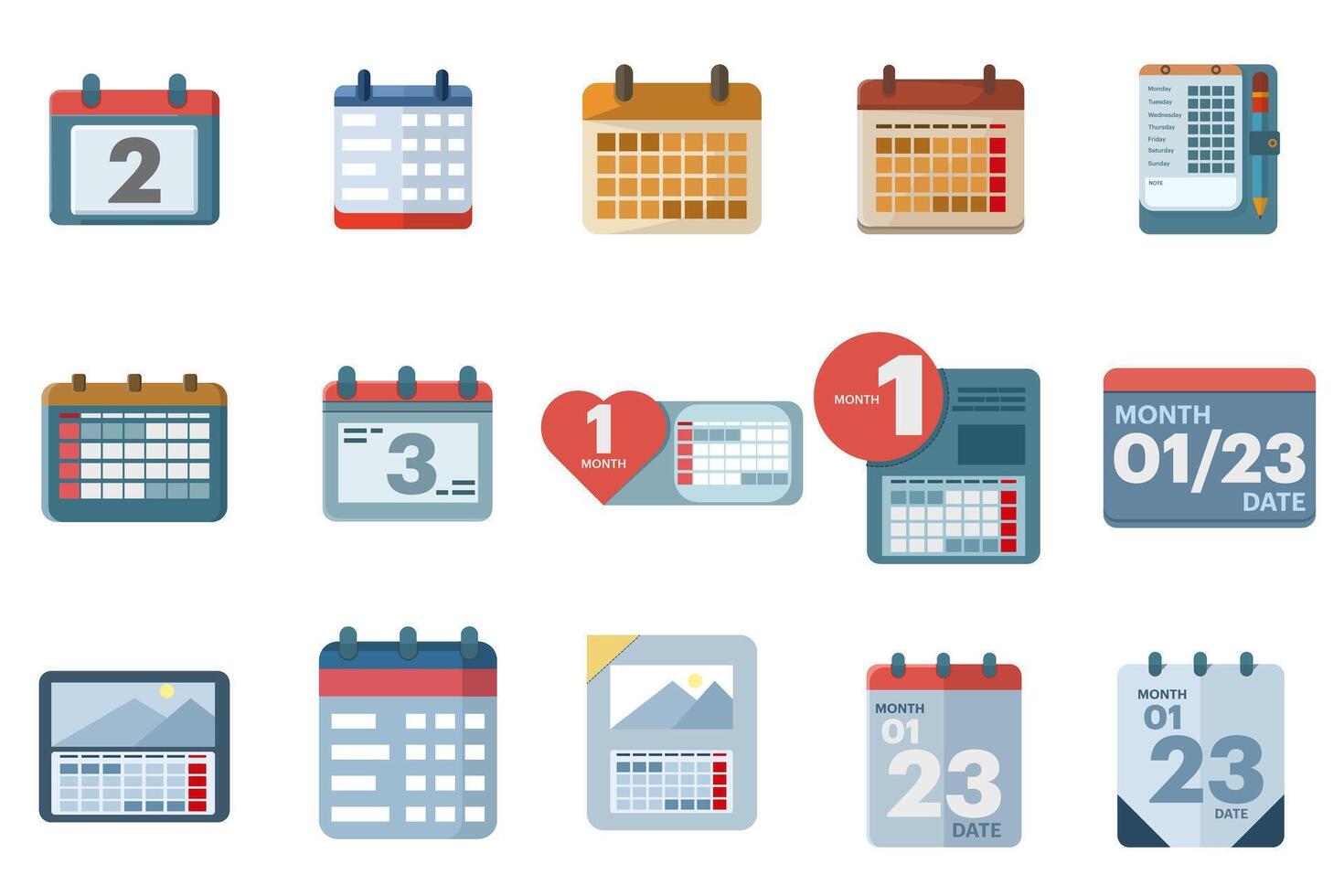 calendario icono colocar. contiene fecha, cronograma, mes, semana, cita, agenda, organización y evento iconos vector ilustración. vector icono. calendario, plano vector ilustración conjunto en blanco antecedentes