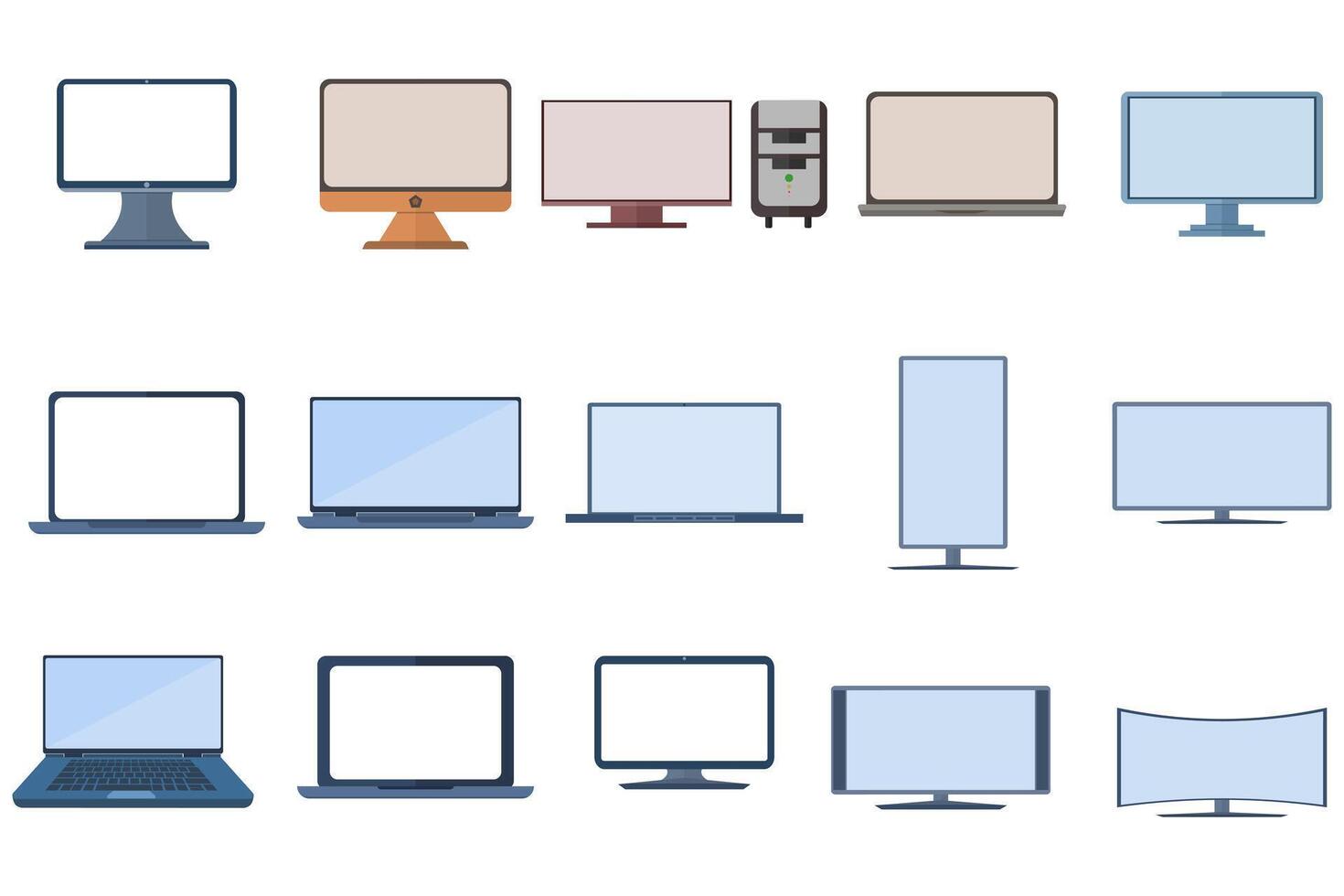 Collection of electronics and devices related icons. Computer and laptop icons. Collection of computer, hardware, laptop and computers vector signs. flat vector illustration on white background.