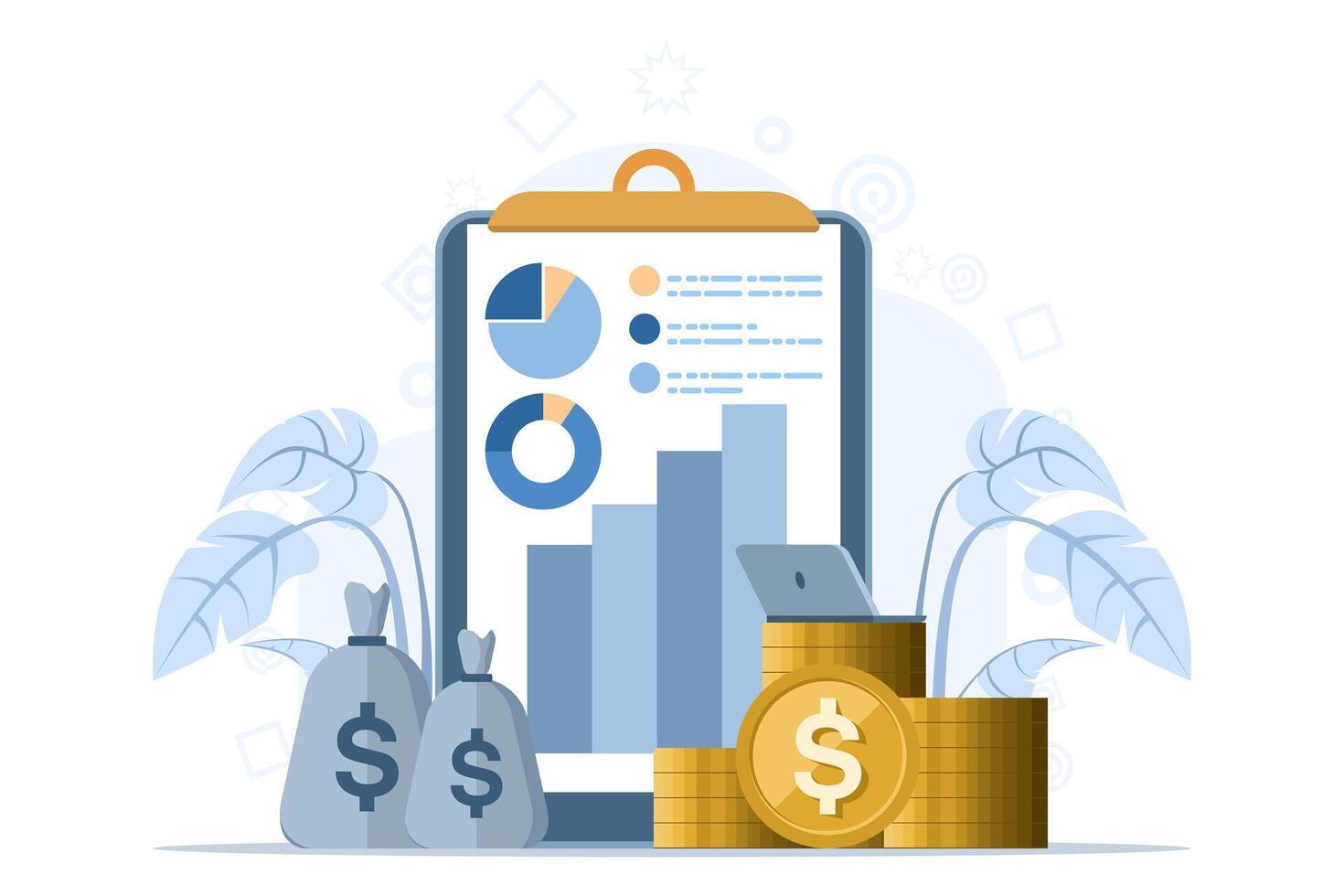 Financial analyst concept. Investor with laptop monitoring dividend growth. stack of gold dollar coins and from financial reports. Trader Working on Laptop. flat vector illustration.