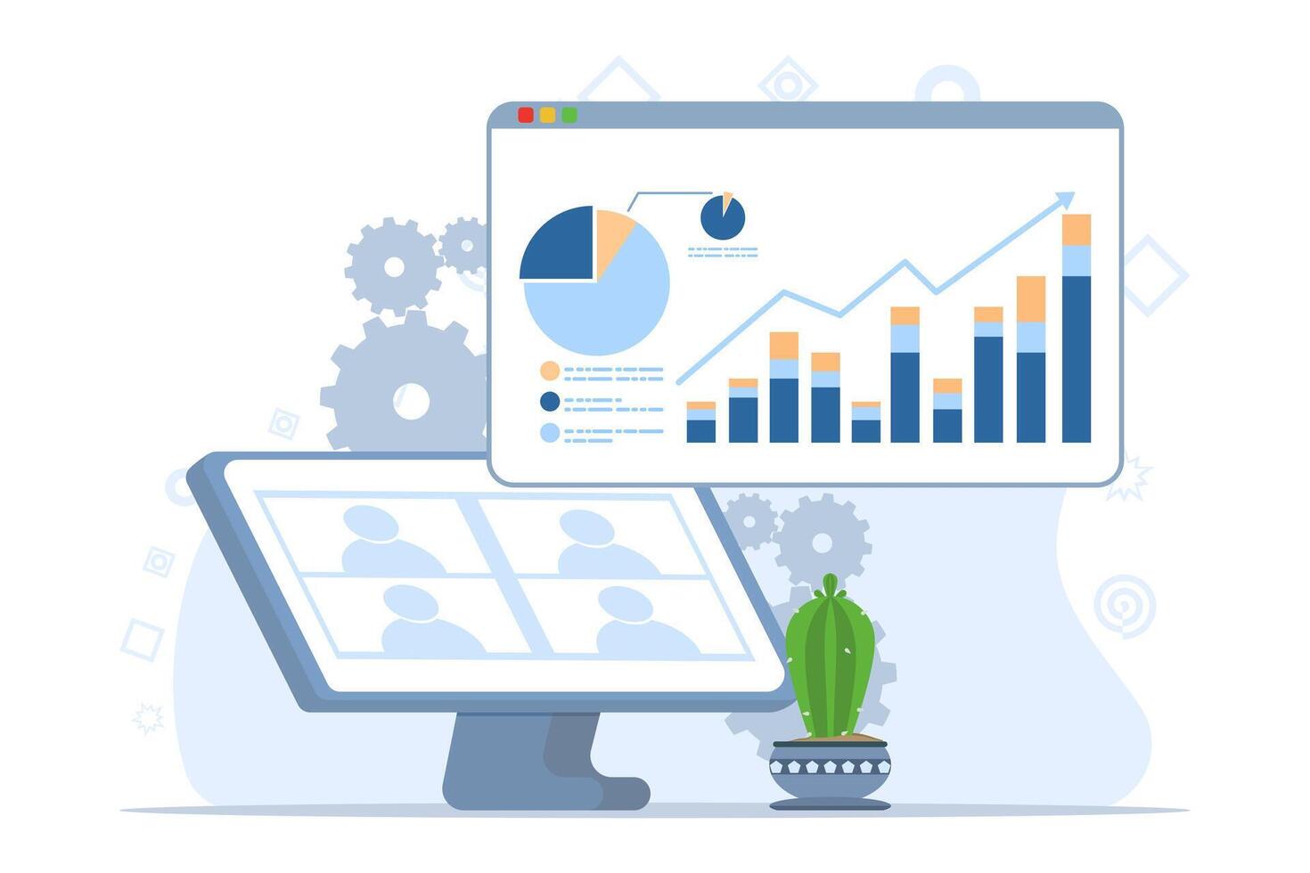 Concept People making project presentation by showing graphs on flipchart and showing laptop, Brainstorming, business presentation concept. flat vector illustration on white background.