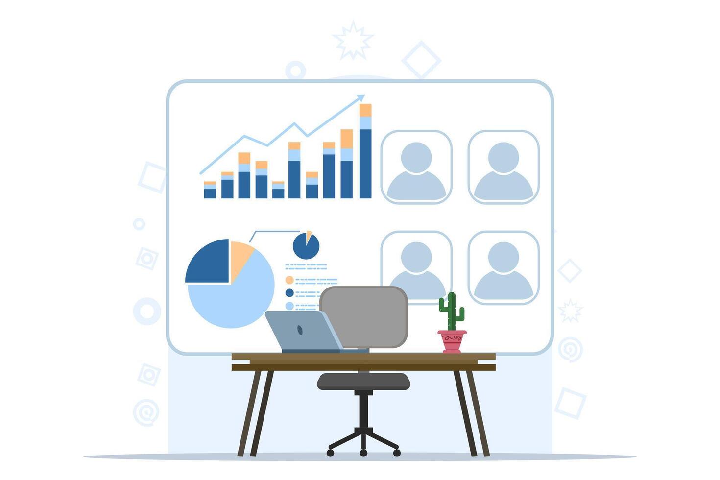 Concept People making project presentation by showing graphs on flipchart and showing laptop, Brainstorming, business presentation concept. flat vector illustration on white background.