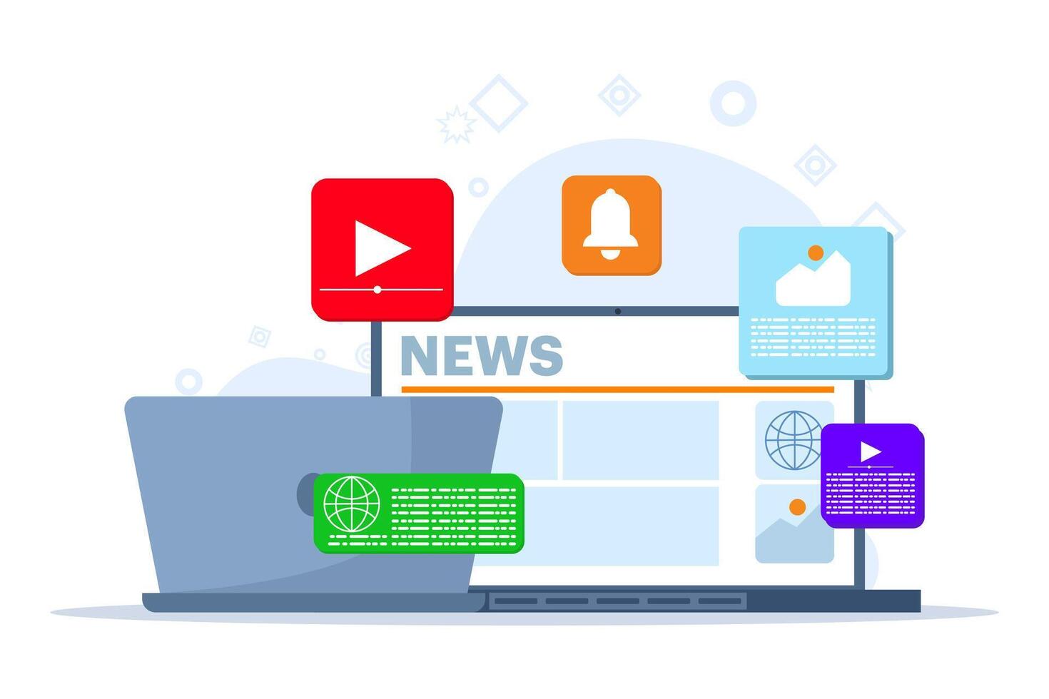 Online news mobile app concept, online news articles, news web page, online mass media on laptop screen, Internet bulletin. flat vector illustration on white background.