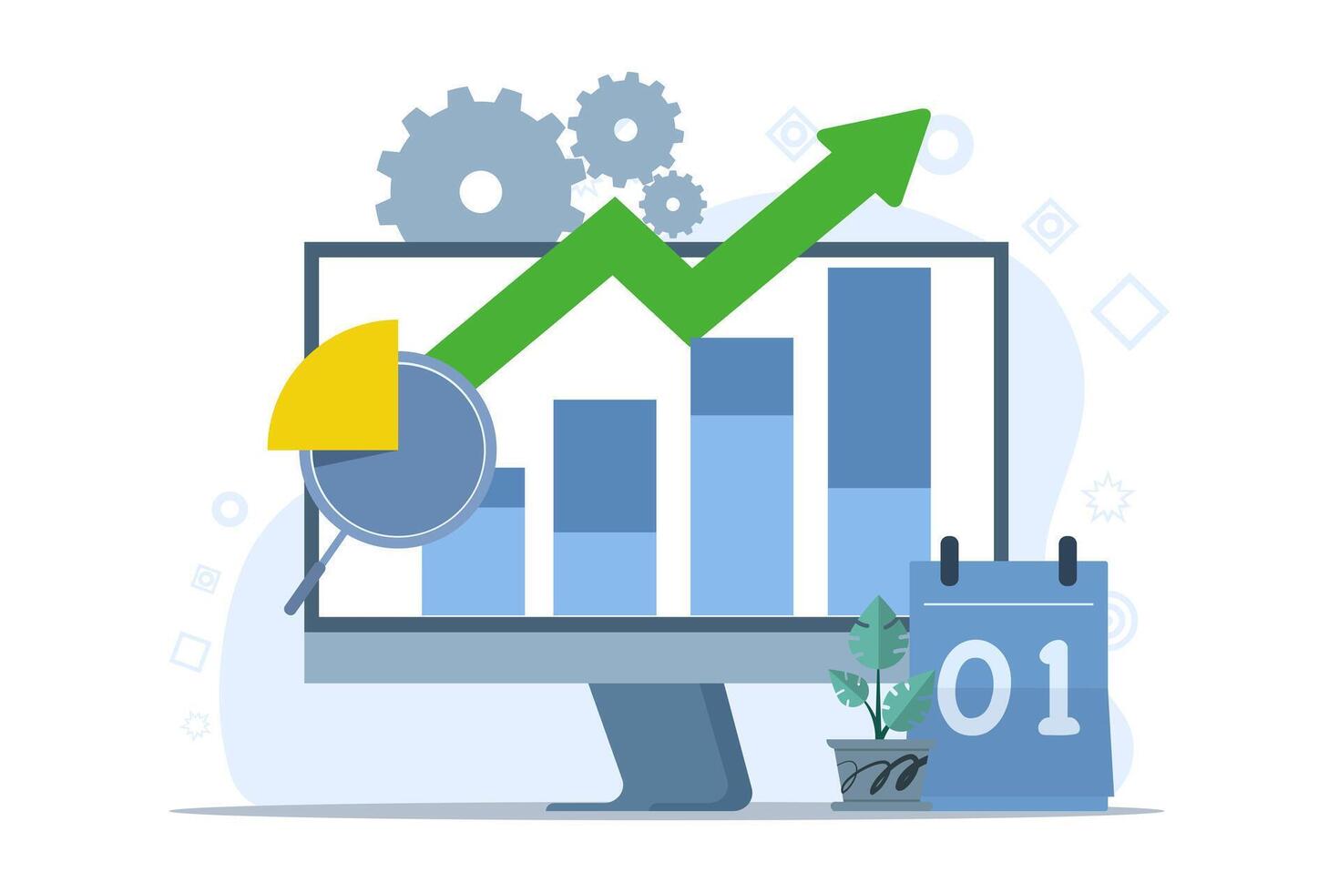 concept of financial analysis, business meetings and targets, management, accounting, company, business team analyzing company finances. vector flat illustration on white background.