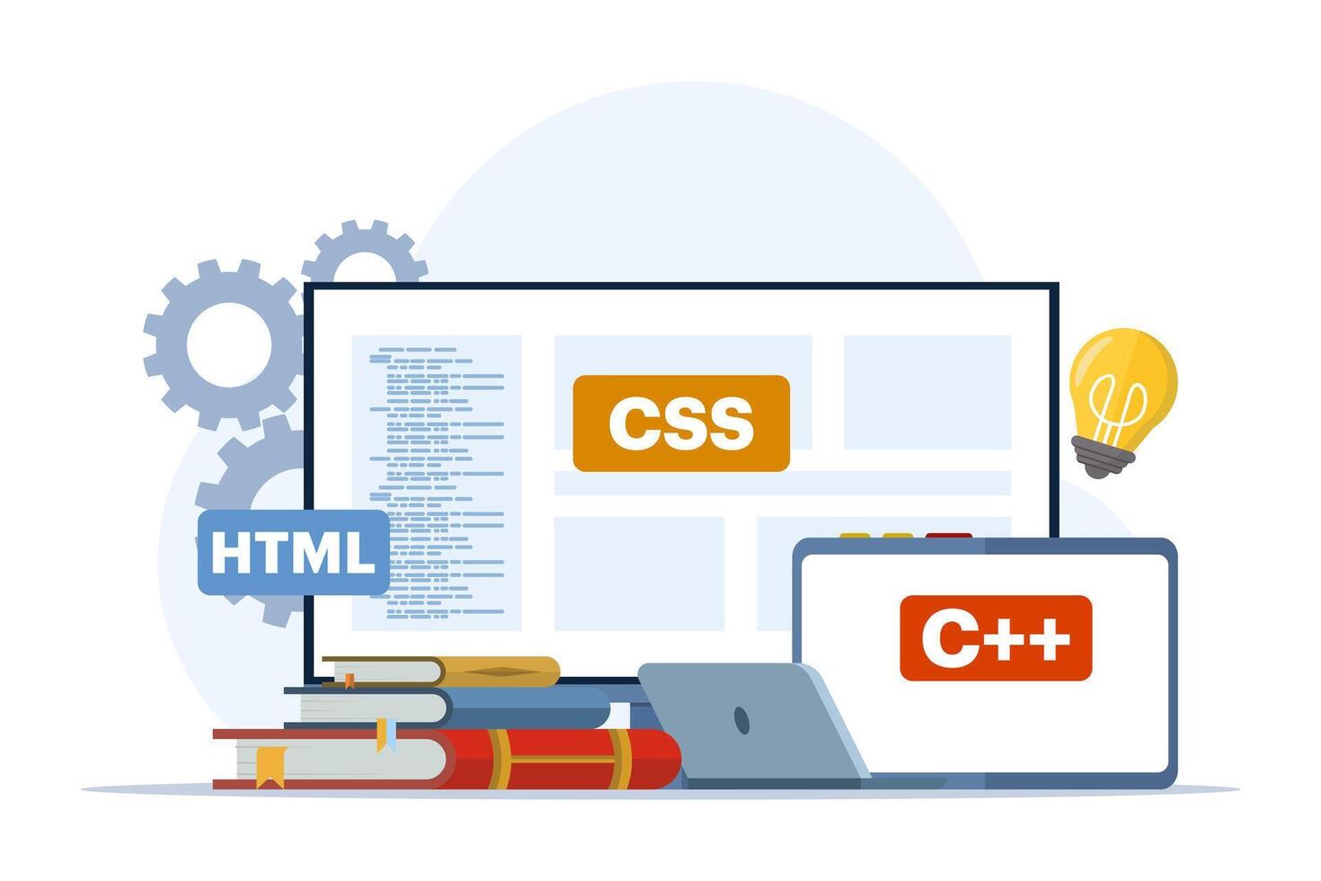 Web development or programming language concept. css, html, it, ui. Cartoon character programmer developing website, coding. flat vector illustration on white background.