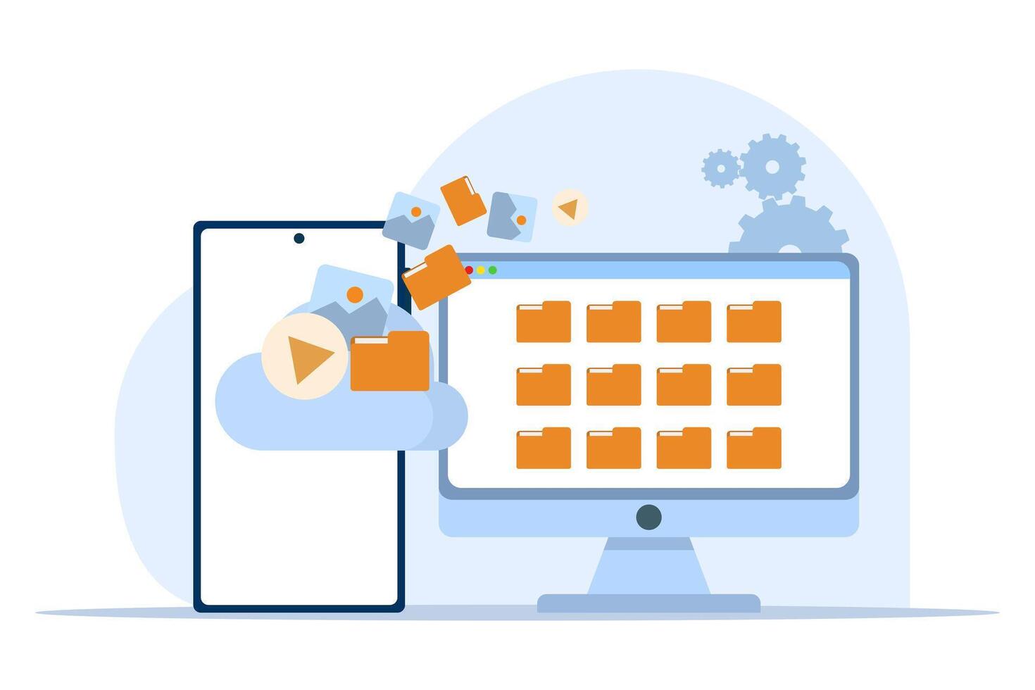 Concept of cloud storage, file downloading, database protection, data center, file management, computer system using cloud server. Digital documents and messages using modern connected PC technology. vector