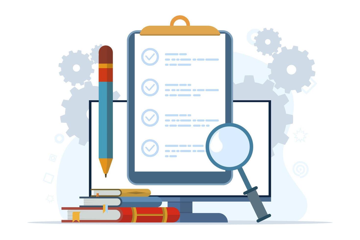 examen concepto, examen, prueba, Lista de Verificación, estudiante frente a examen. móvil solicitud datos colección por relleno fuera encuestas y cuestionarios plano vector ilustración en blanco antecedentes.