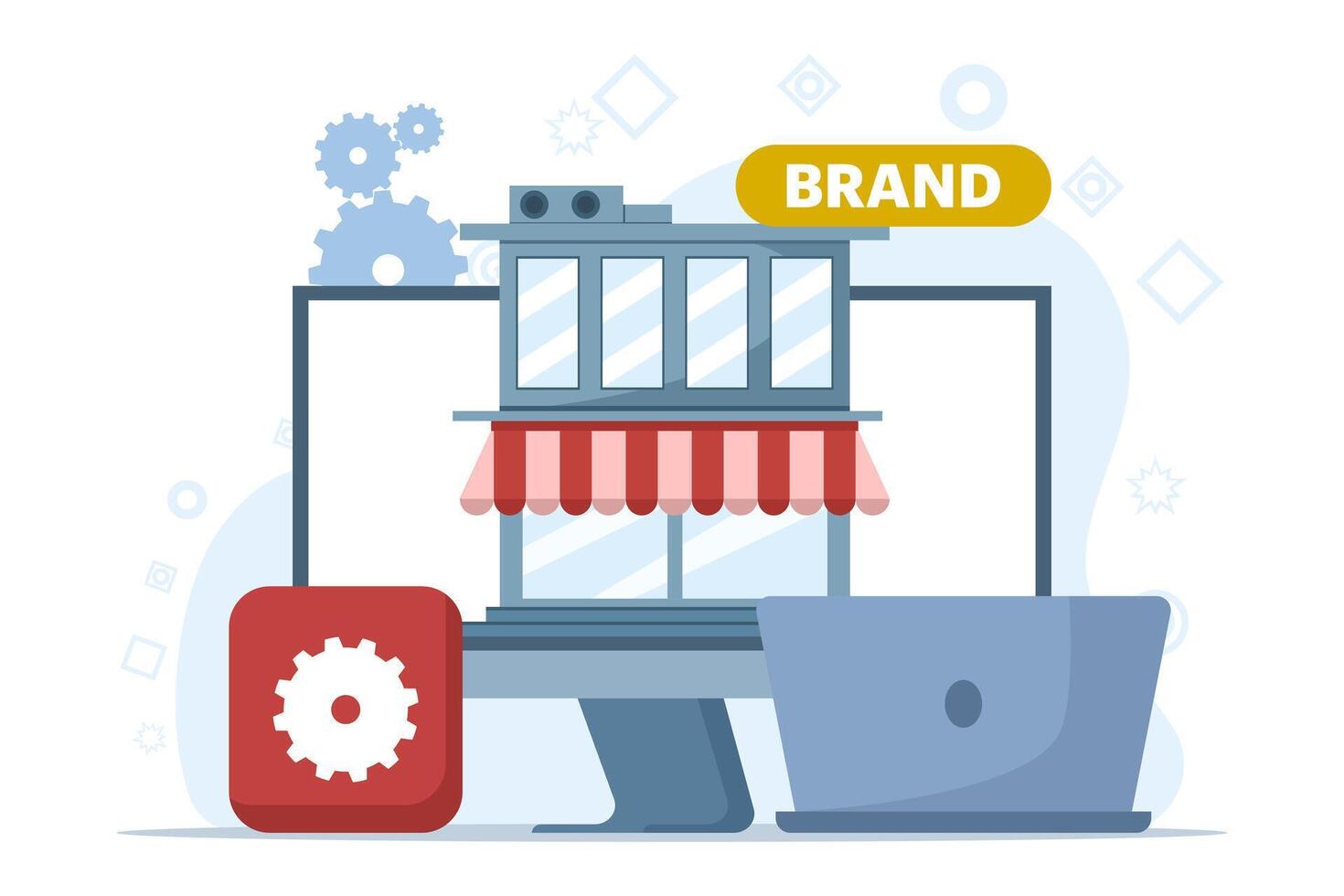 Brand marketing Strategy concept, business start, teamwork, shop, market, online business, flat design illustration vector banner and background.