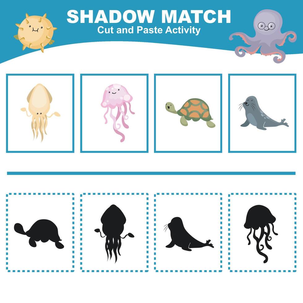 cortar el imagen en cada caja y pegamento eso en cada sombra. encontrar el correcto sombra. cortar y pegar actividad para niños. vector