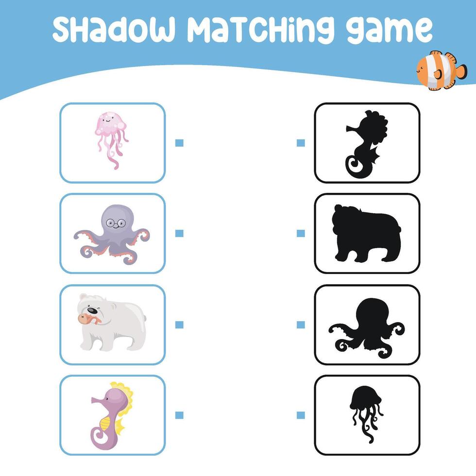 Matching shadow game for children. Find the correct shadow. Worksheet for kid. vector