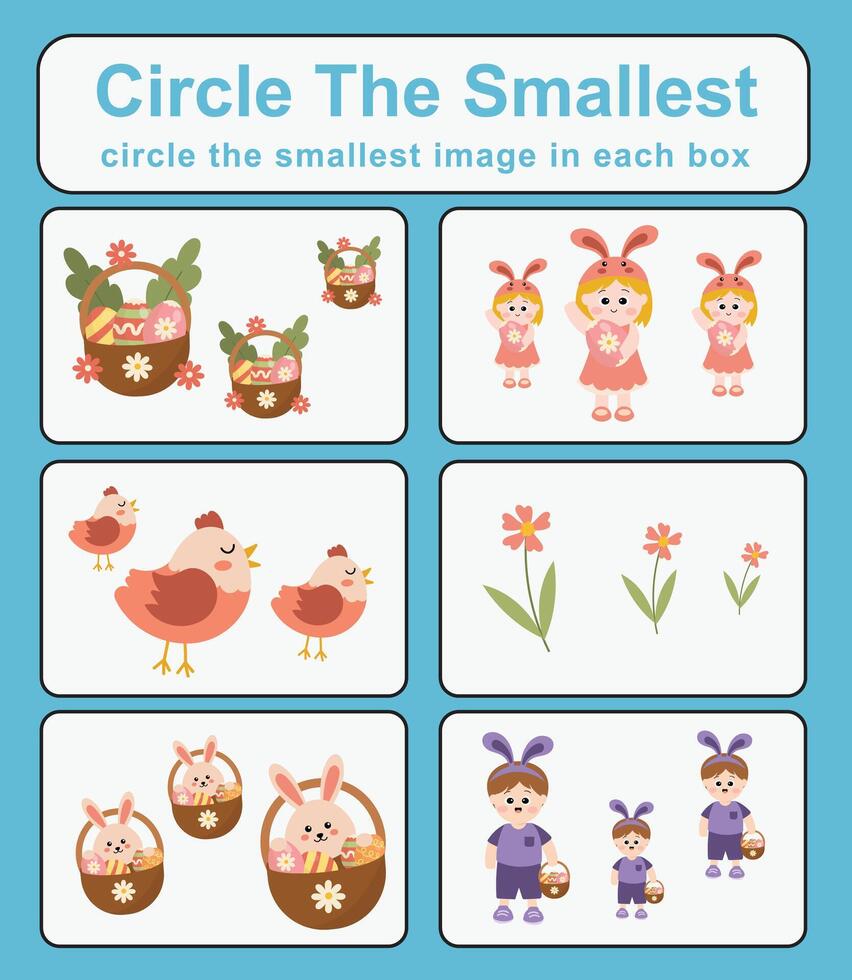 Circle the smallest worksheet. Learning about comparison. Printable activity page for kids. Educational children game vector