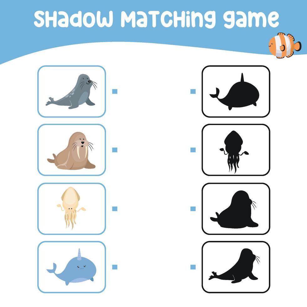Matching shadow game for children. Find the correct shadow. Worksheet for kid. vector