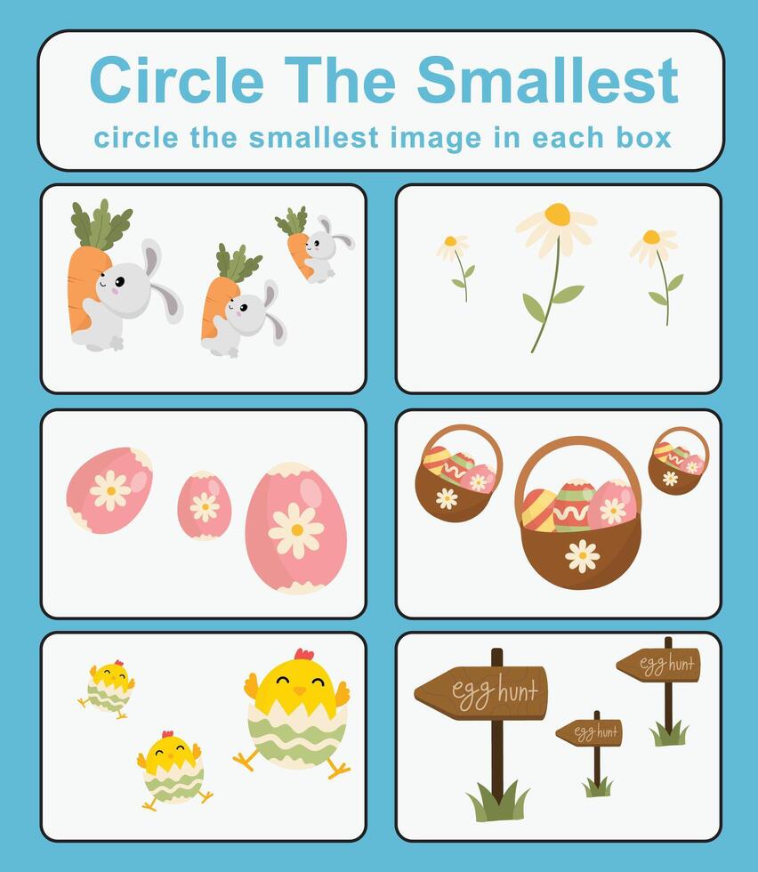 Circle the smallest worksheet. Learning about comparison. Printable activity page for kids. Educational children game vector