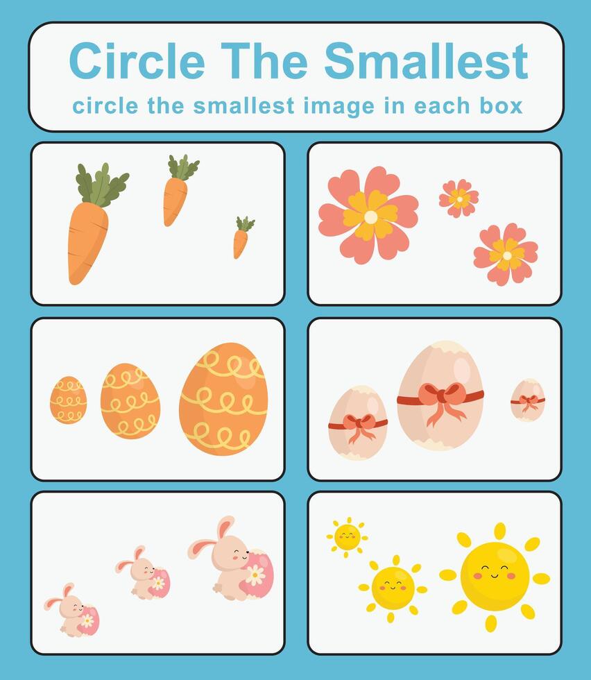 Circle the smallest worksheet. Learning about comparison. Printable activity page for kids. Educational children game vector