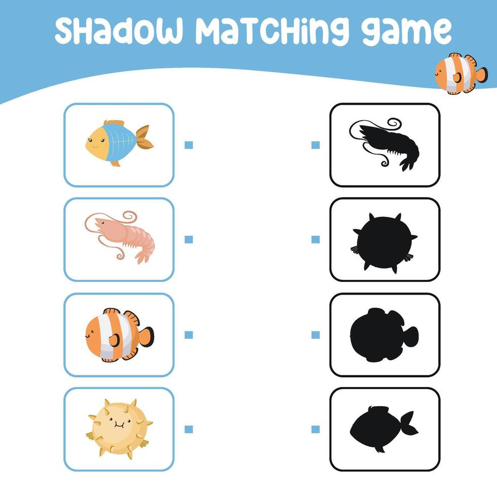 Matching shadow game for children. Find the correct shadow. Worksheet for kid. vector