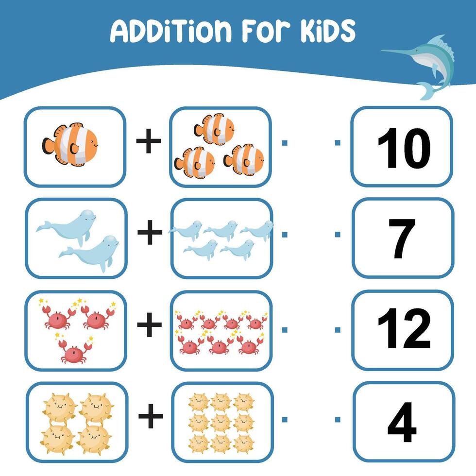 Addition for kids worksheet. Kids educational game. Lets count together. Printable educational worksheet activity. Exercise for children to recognize the number. vector