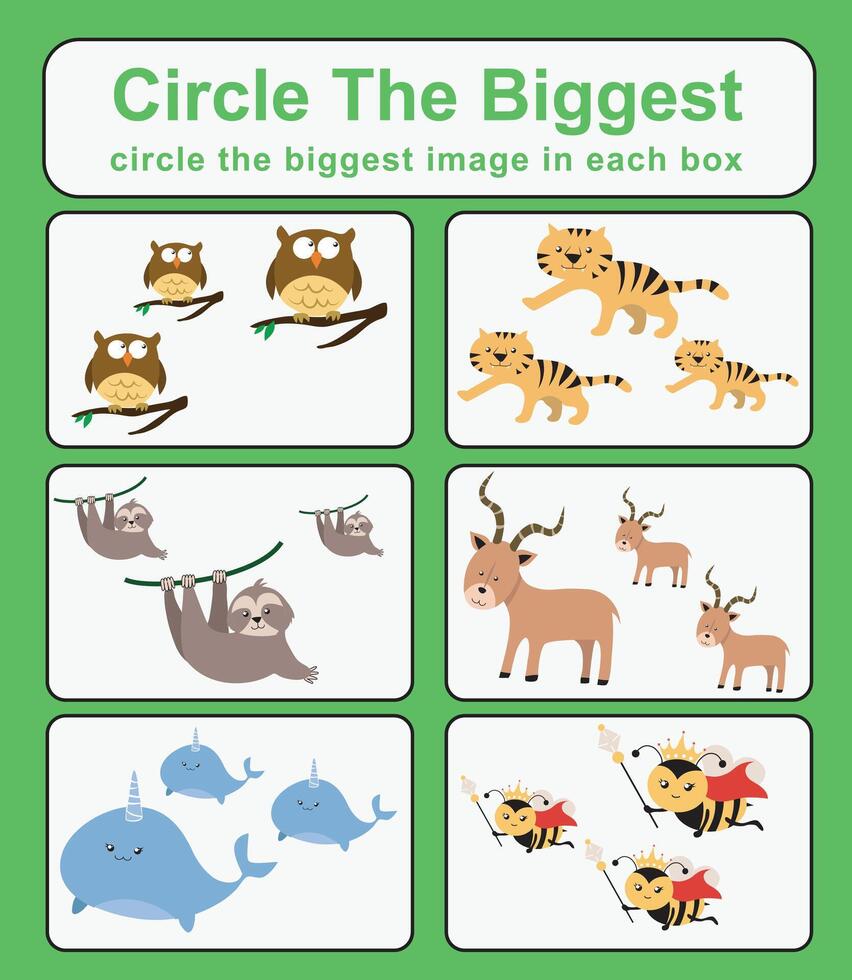 Circle the bigger worksheet. Learning about comparison. Printable activity page for kids. vector