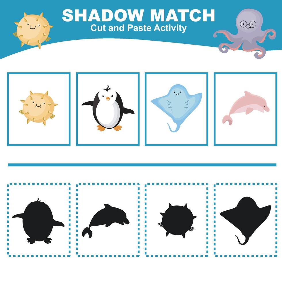Cut the image in each box and glue it on each shadow. Find the correct shadow. Cut and paste activity for children. vector