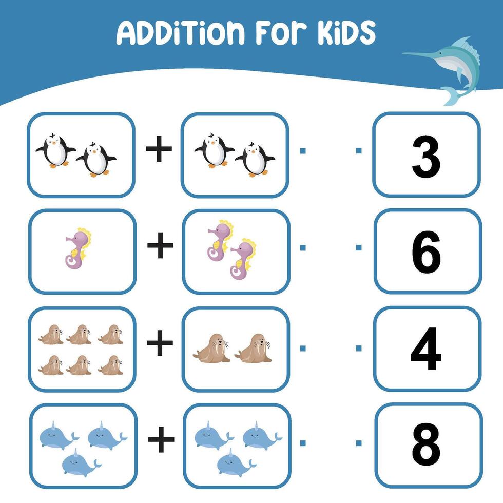 Addition for kids worksheet. Kids educational game. Lets count together. Printable educational worksheet activity. Exercise for children to recognize the number. vector