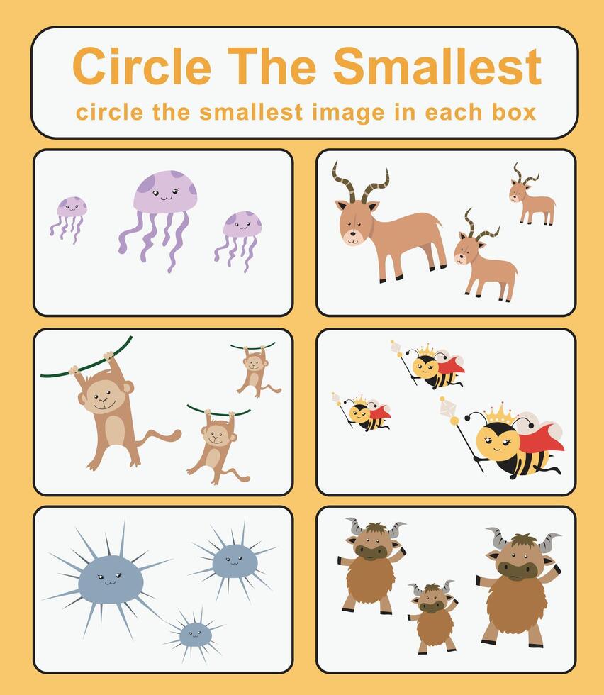 Circle the smallest worksheet. Learning about comparison. Printable activity page for kids. Educational children game vector