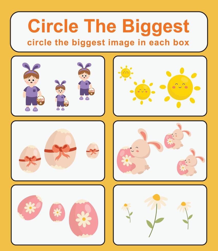 Circle the bigger worksheet. Learning about comparison. Printable activity page for kids. Educational children game vector