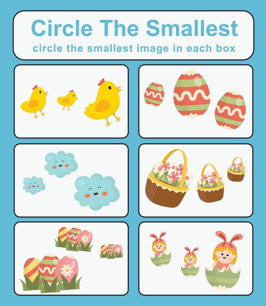 Circle the smallest worksheet. Learning about comparison. Printable activity page for kids. Educational children game vector