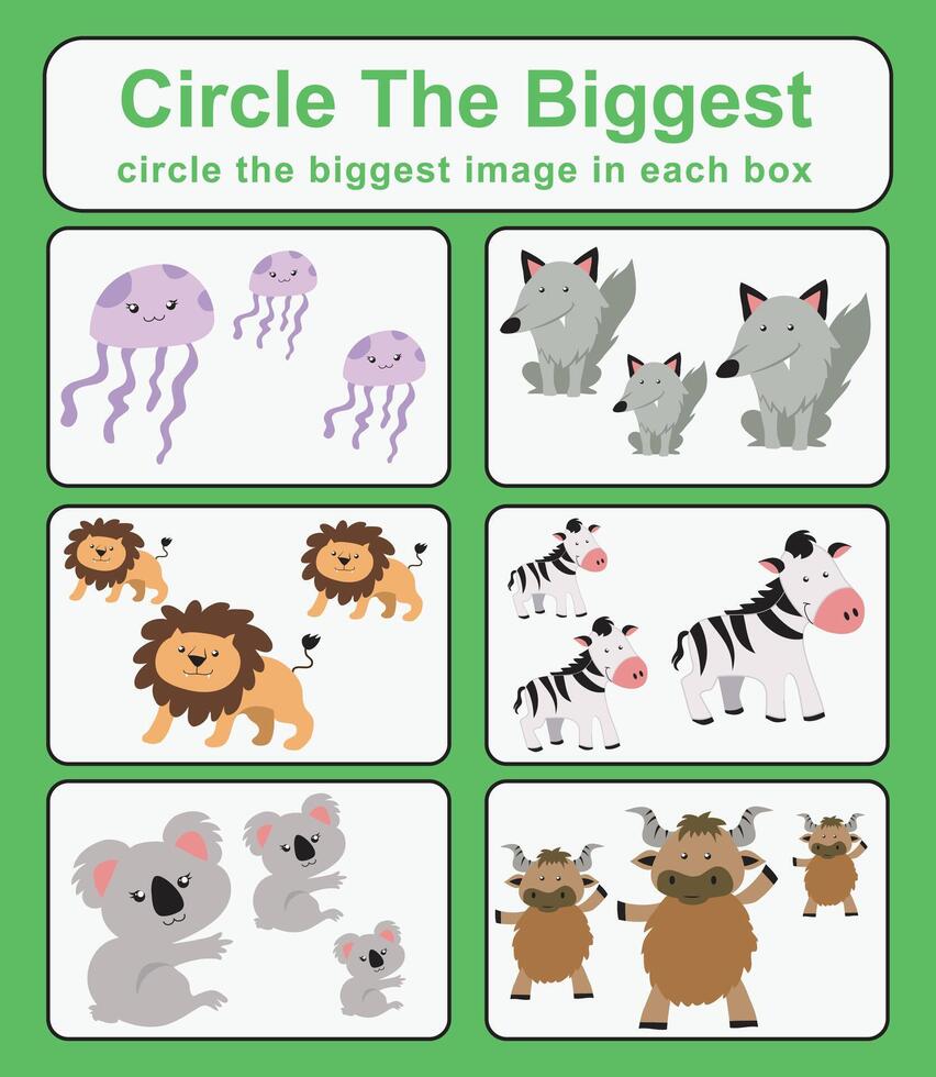 Circle the bigger worksheet. Learning about comparison. Printable activity page for kids. vector