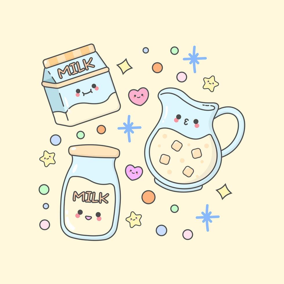 drink beverages milk bottle jug box with cute facial expressions and pastel colour vector