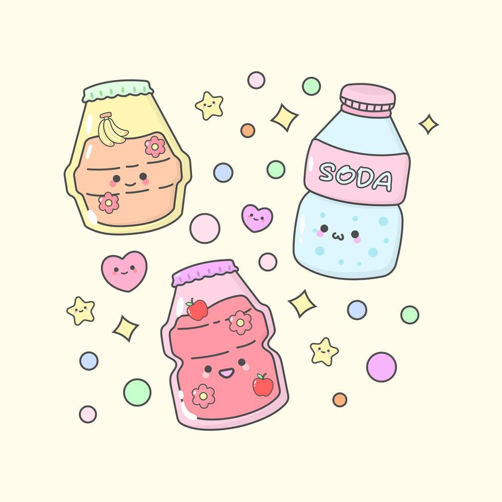 drink beverages soda orange juice tea with cute facial expressions and pastel colour vector