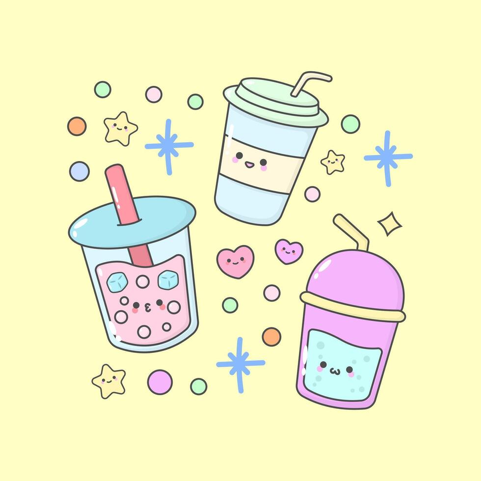 drink beverages strawberry coffee with cute facial expressions and pastel colour vector