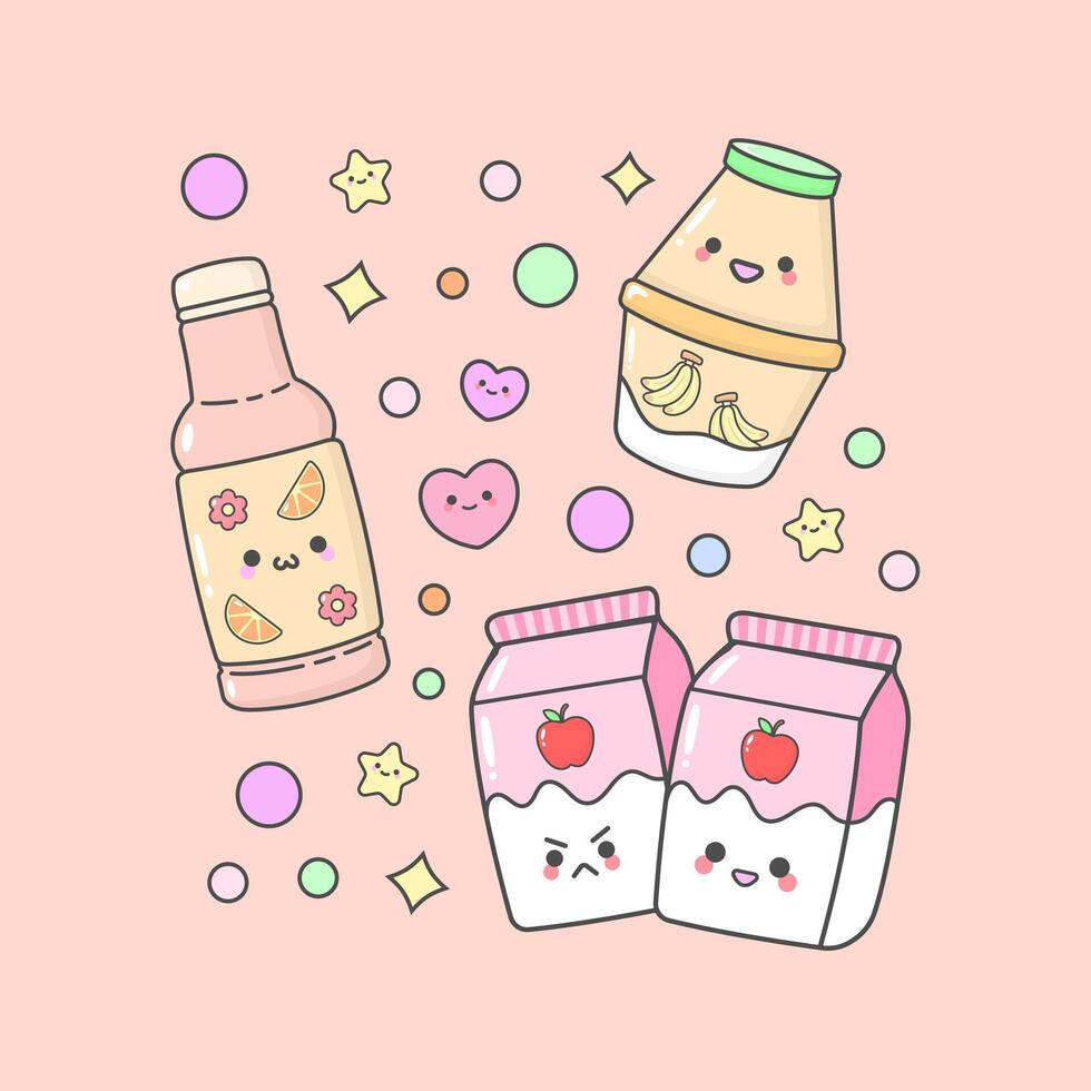 drink beverages can coffee cup milk with cute facial expressions and pastel colour vector