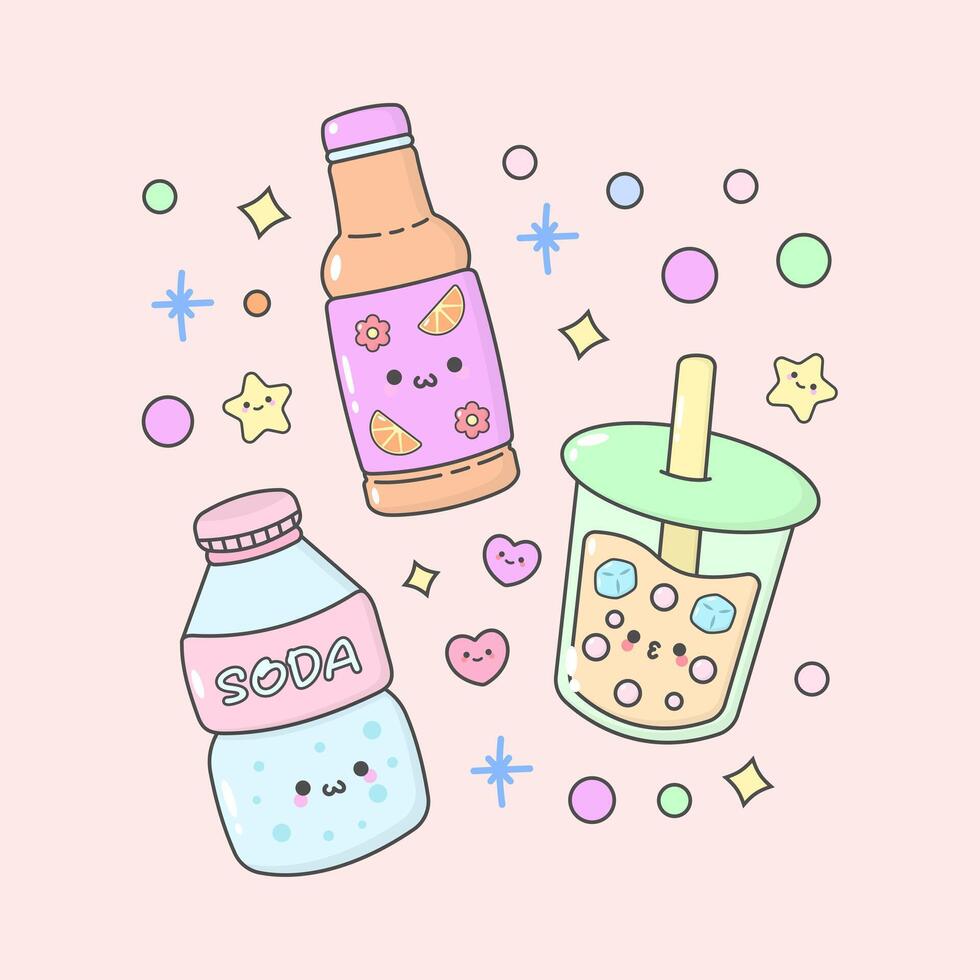 drink beverages soda orange juice tea with cute facial expressions and pastel colour vector