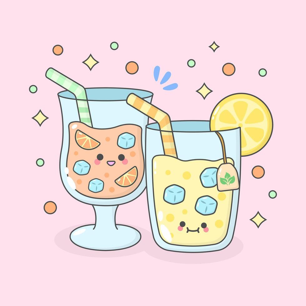 drink beverages banana milk lemonade orange juice with cute facial expressions and pastel colour vector