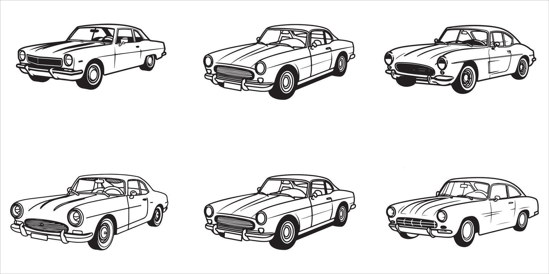 Classic Car Set Outline Vector Illustration On White Background