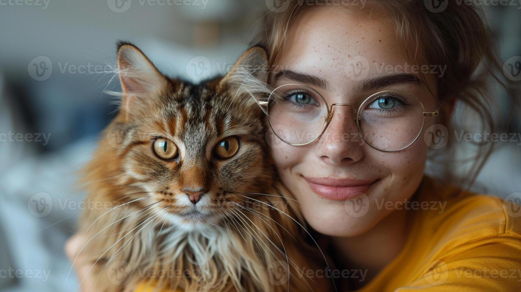 AI generated Beautiful young woman with cute cat on light background photo