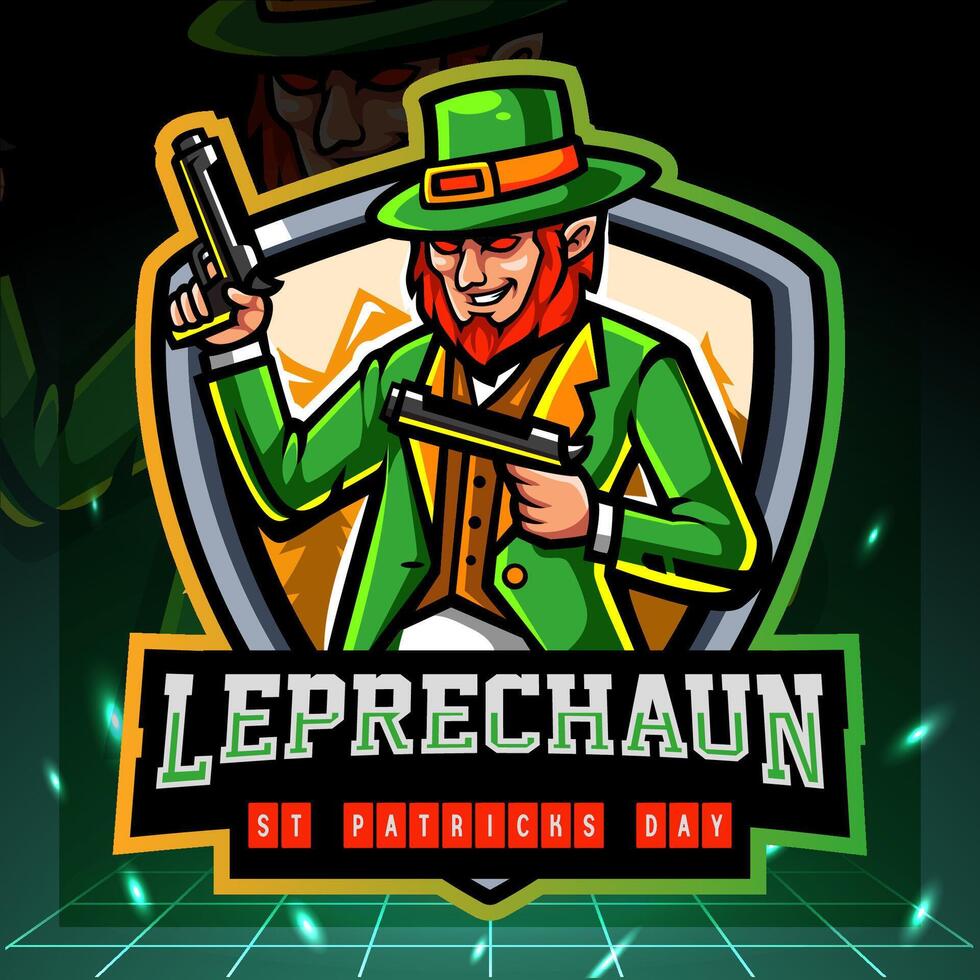 The leprechaun dwarf mascot holds a gun. esport logo design vector
