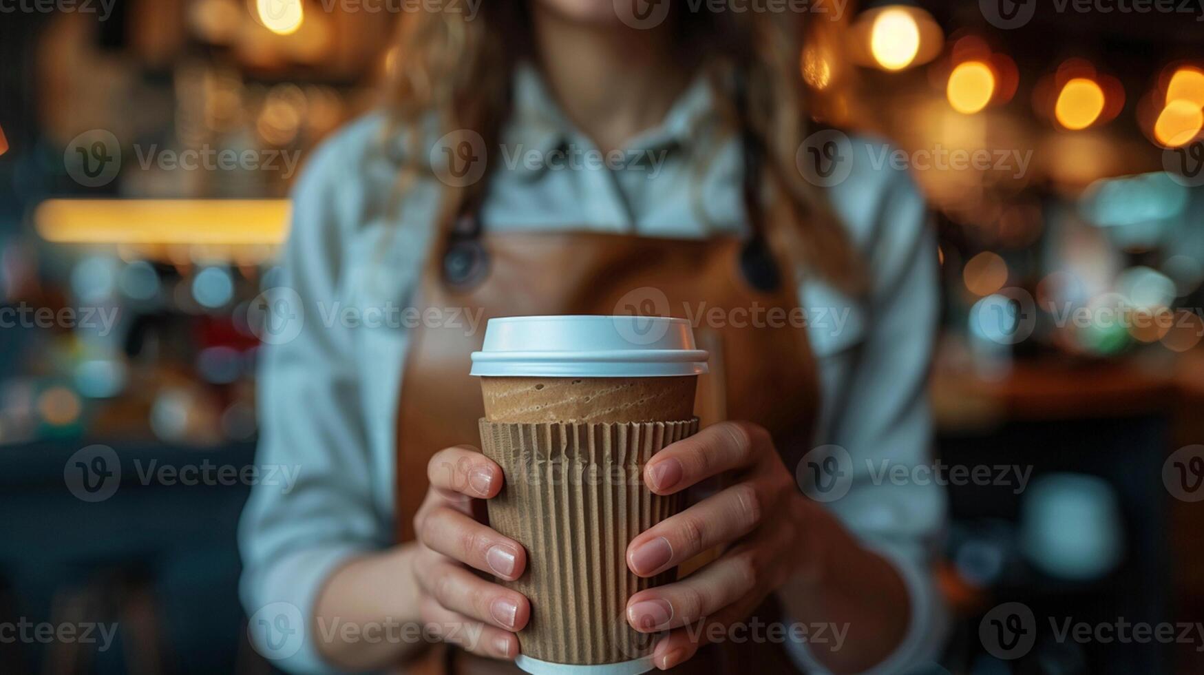 ai generado recortado imagen de hembra barista participación papel taza de café en café foto