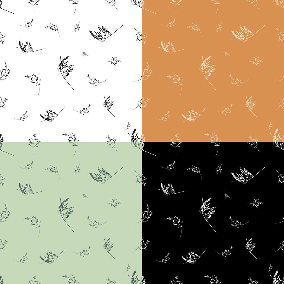 set of seamless patterns with cereal grass leaves silhouettes. Ornament for decoration and printing on fabric. Design element. Vector