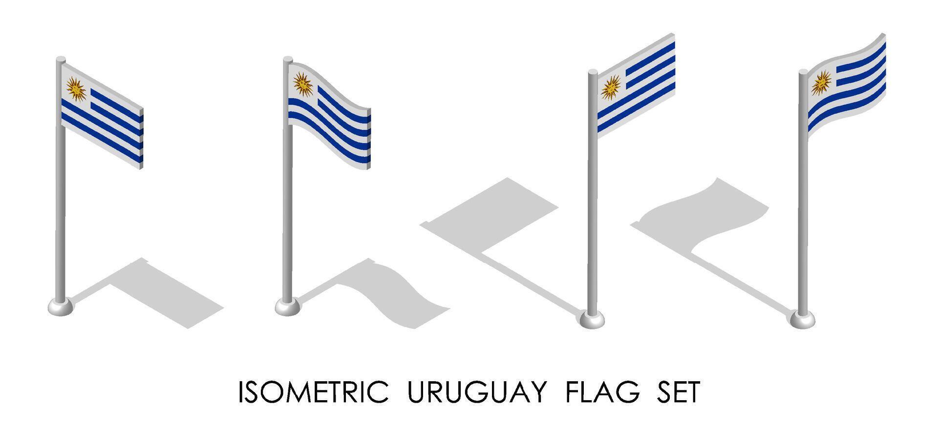 isométrica bandera de Uruguay en estático posición y en movimiento en asta de bandera. 3d vector