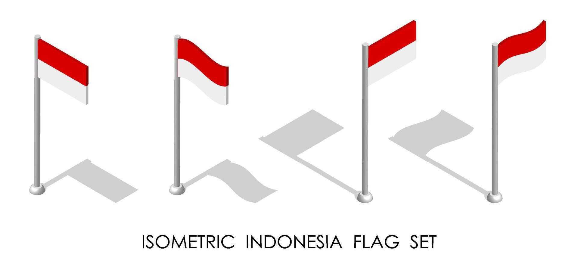 isometric flag of Republic of Indonesia in static position and in motion on flagpole. 3d vector