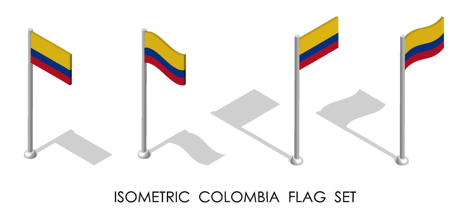 isométrica bandera de Colombia en estático posición y en movimiento en asta de bandera. 3d vector