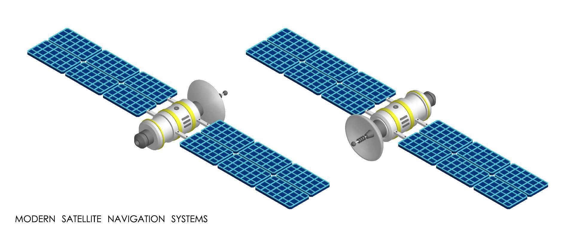 isométrica satélite con abierto solar paneles mosca y transmitir comunicación señal. satélite comunicación y GPS navegación. realista 3d vector