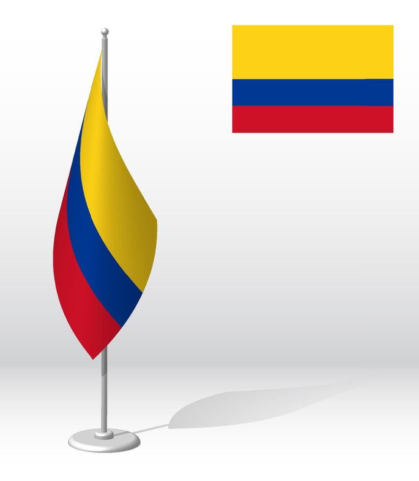 Colombia bandera en asta de bandera para registro de solemne evento, reunión exterior huéspedes. nacional independencia día de Colombia. realista 3d vector en blanco