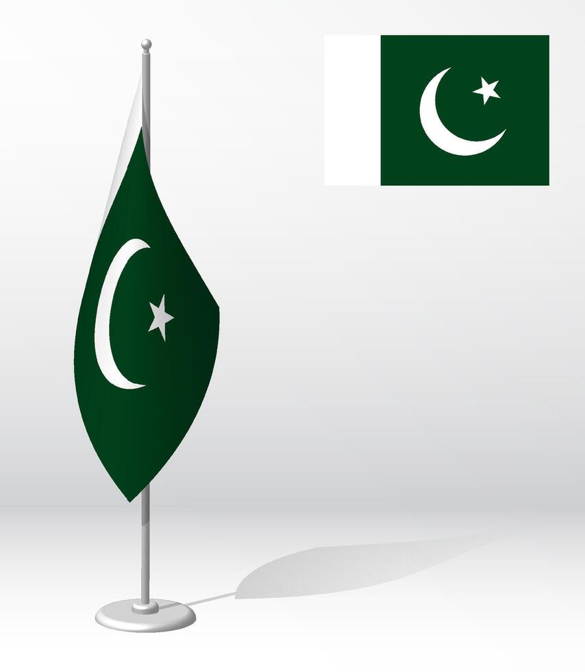 Islamic Republic of Pakistan flag on flagpole for registration of solemn event, meeting foreign guests. National independence day of Pakistan. Realistic 3D vector on white