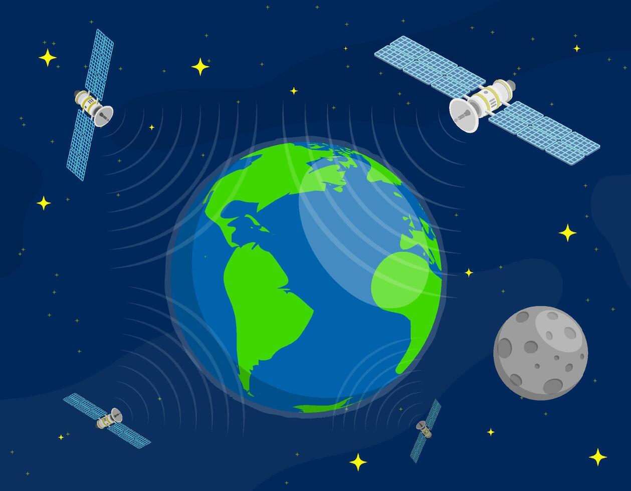 satélites mosca en orbita alrededor planeta tierra en espacio y transmitir comunicación señal. satélite comunicación y GPS navegación. dibujos animados vector