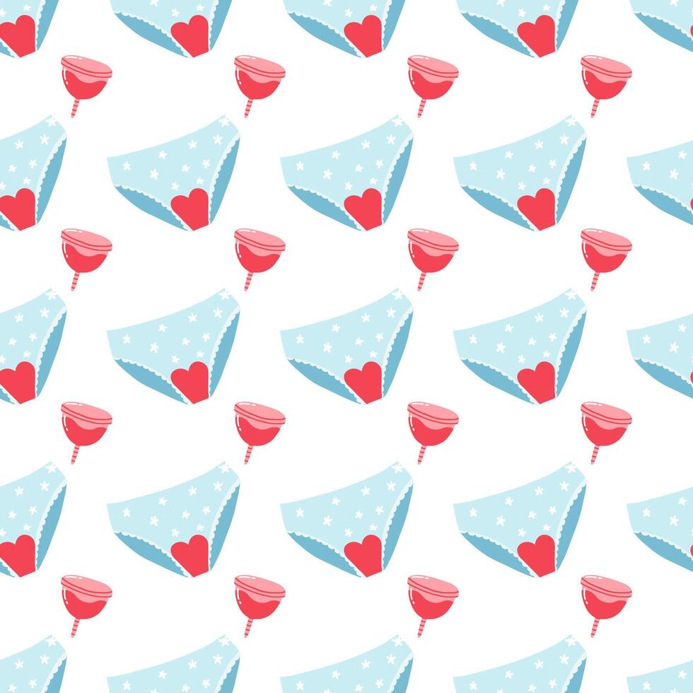 Seamless pattern with hand drawn cute woman underwear and menstrual cup. Concept of female period, menstruation vector